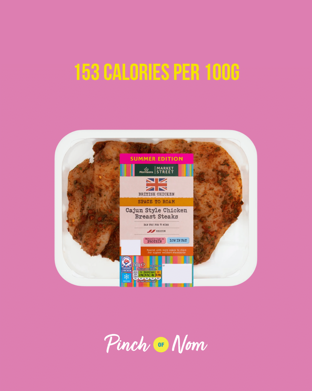 Morrisons Cajun-Style Chicken Breast Steaks featured in Pinch of Nom's Weekly Pinch of Shopping with the calorie count printed above (153 calories per 100g oven-cooked).