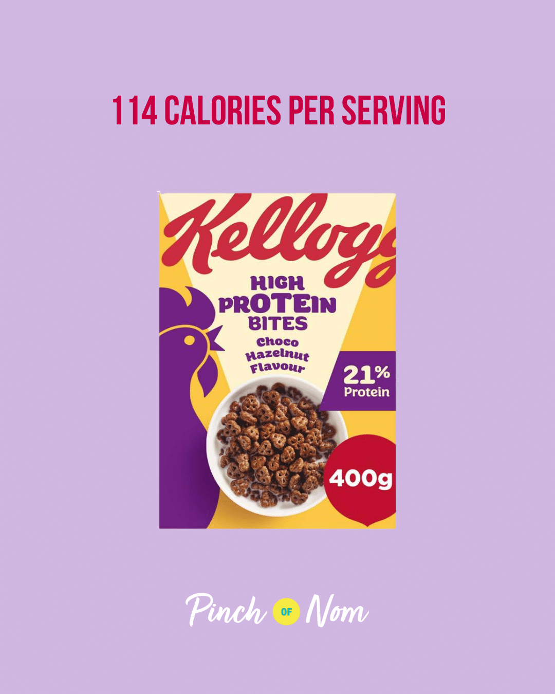 Kellogg's High Protein Bites Chocolate Cereal featured in Pinch of Nom's Weekly Pinch of Shopping with the calorie count printed above (114 calories per serving).