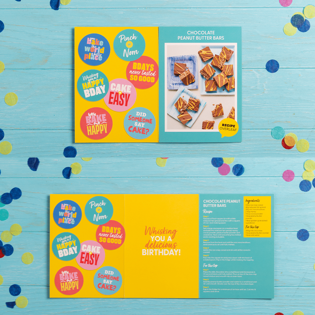 The inside of 'This Birthday Tuck into Tasty Treats' Birthday Card featuring the recipe for Pinch of Nom's Chocolate Peanut Butter Bars.