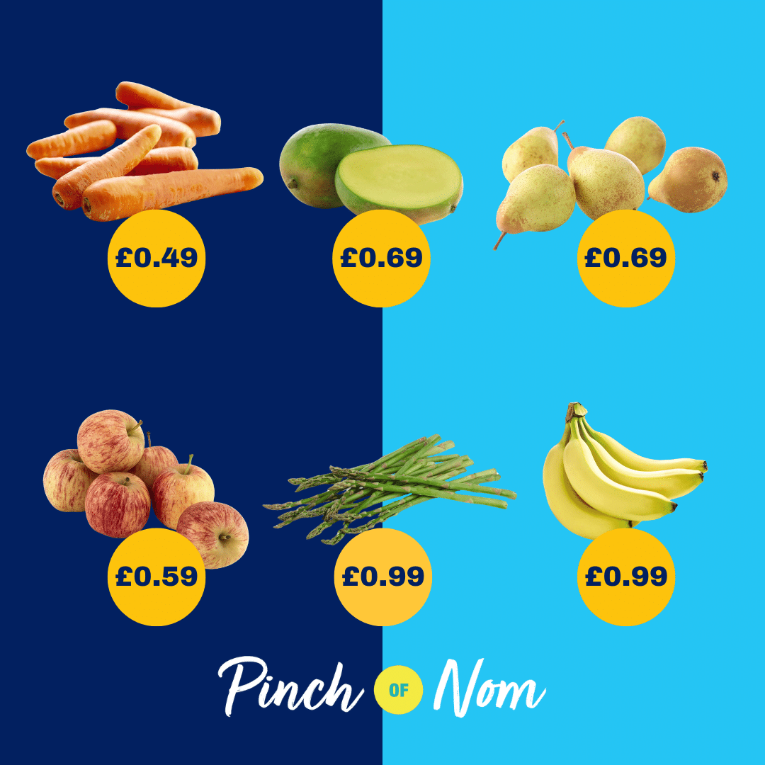 The fruit and veg selection from Aldi's Super 6, alongside their prices, featured in Pinch of Nom's Weekly Pinch of Shopping.