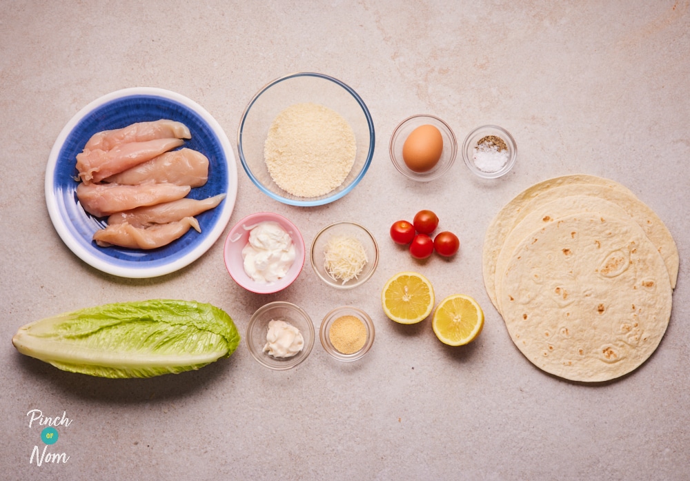 Ingredients for the Caesar Salad Wrap presented on a table