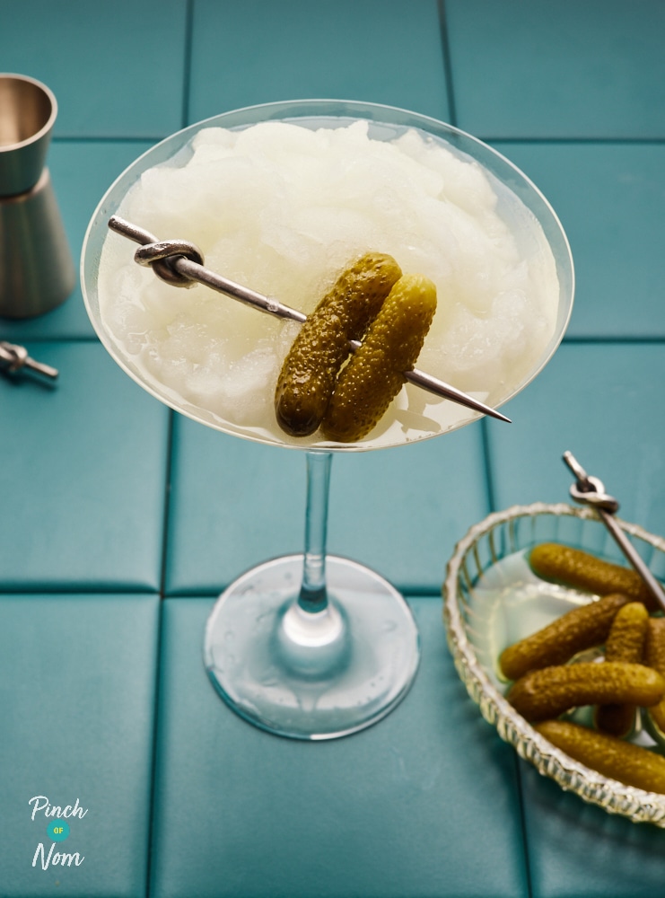 Close up of the Frozen Pickle Martini served in a cocktail glass