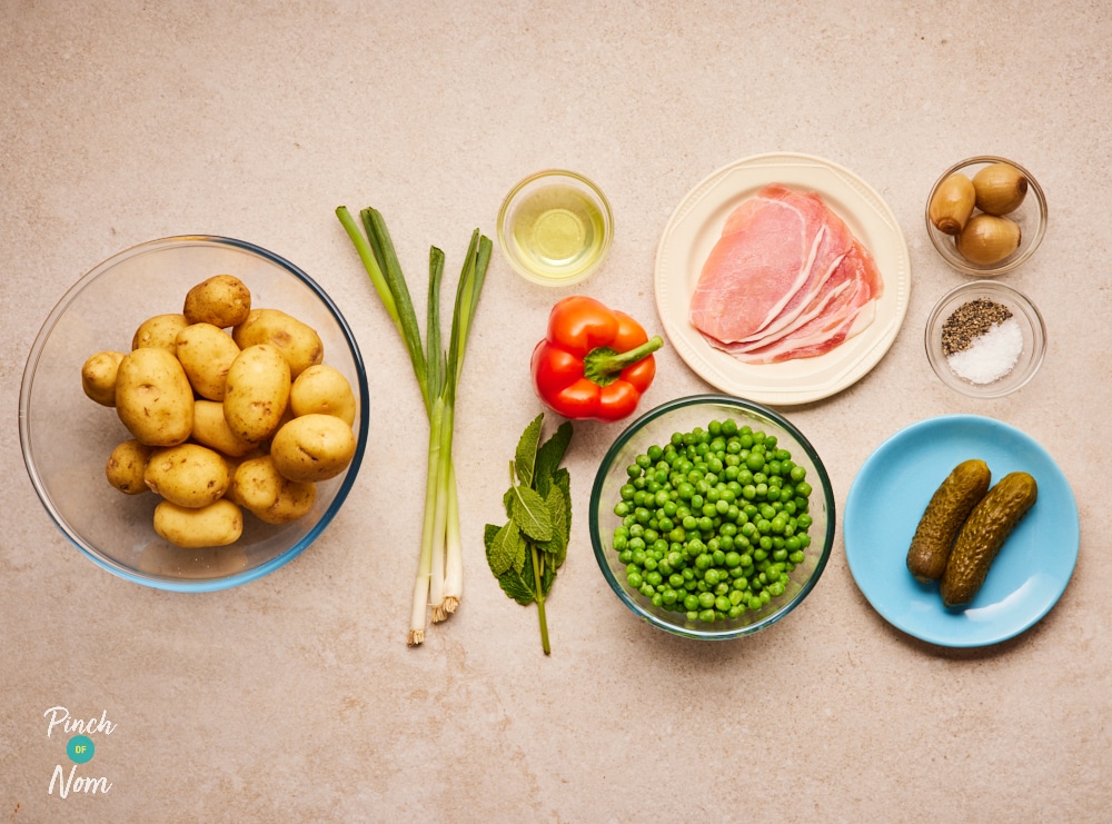 Ingredients for the Pea, Pickle and Bacon Salad laid out on a table