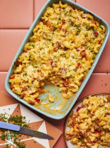 Chicken and Chorizo Mac and Cheese pinchofnom.com