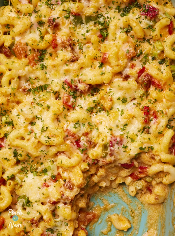 Chicken and Chorizo Mac and Cheese, served in an ovenproof dish.