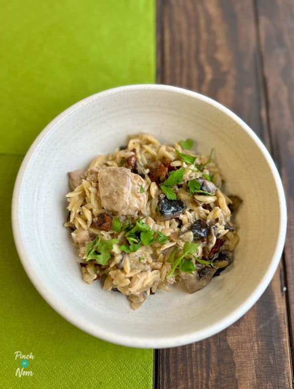 Slow Cooker Creamy Chicken and Bacon Orzo pinchofnom.com