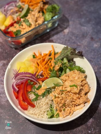 Slow Cooker Hot and Spicy Chicken Rice Bowl pinchofnom.com