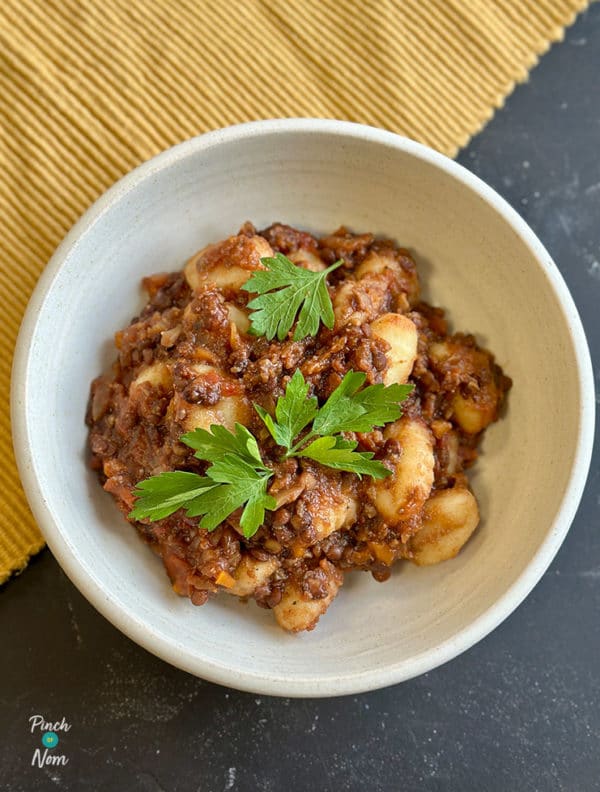 Slow Cooker Lentil Bolognese with Gnocchi pinchofnom.com