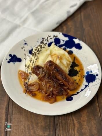 Slow Cooker Sticky Sausages pinchofnom.com