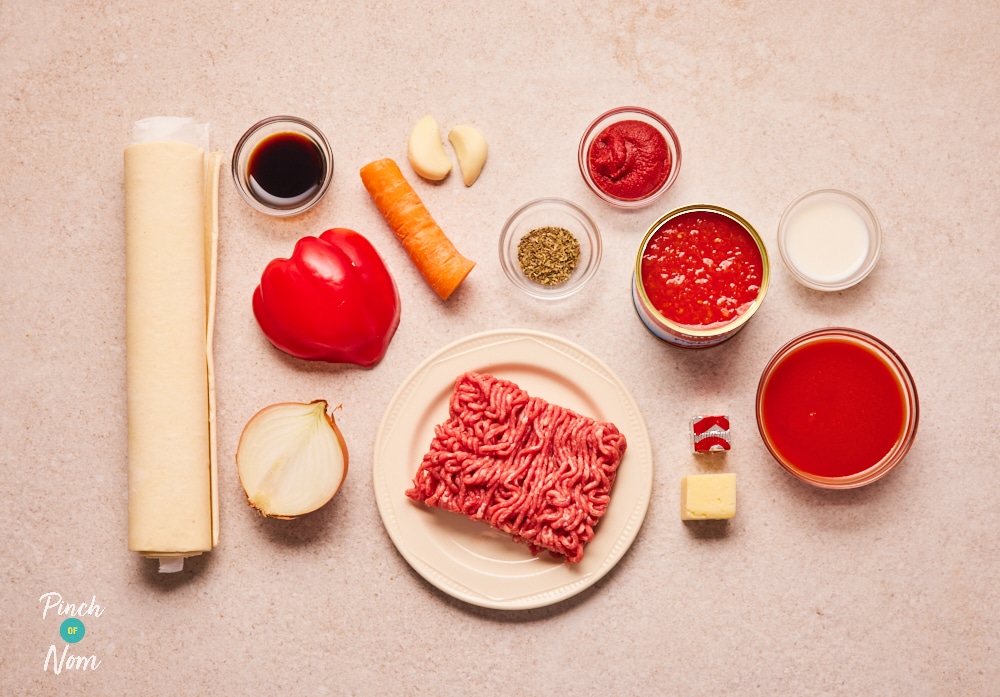 Bolognese Swirls ingredients laid out on counter.
