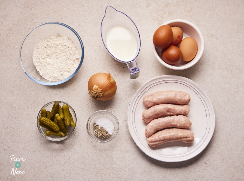 Pickle Toad in the Hole ingredients laid out on countertop.