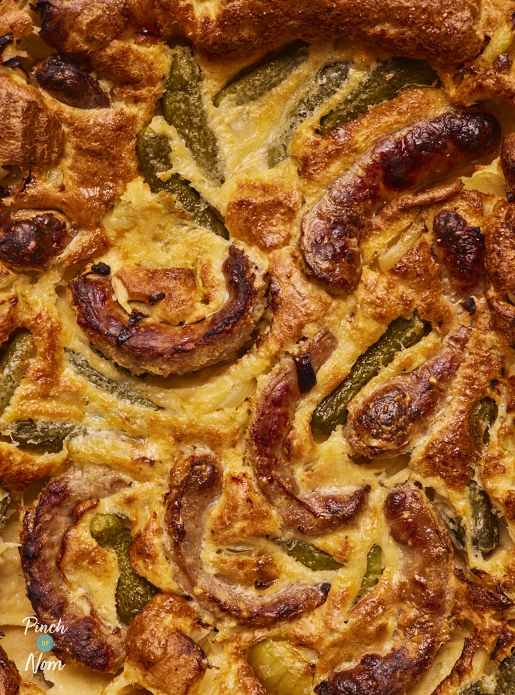 Freshly baked Pickle Toad in the Hole, ready for serving.