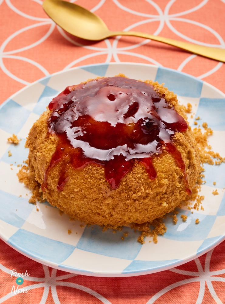 Strawberry Sponge Pudding, baked and ready to serve.