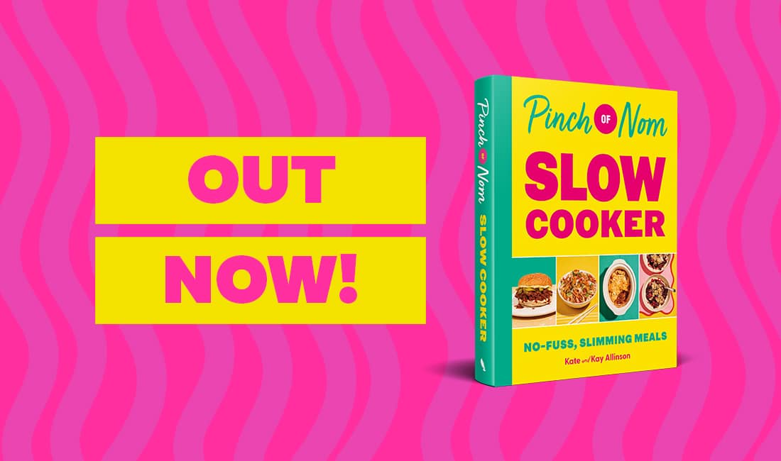 Website banner with Pinch of Nom: Slow Cooker at the centre, beside the tagline WELL WORTH THE WAIT. The call to action PRE-ORDER NOW is in bold below.