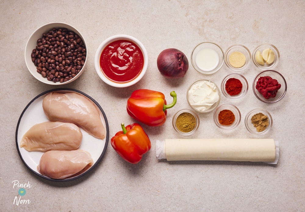 Ingredients for Creamy Chicken Fajita Pie, laid out on counter.