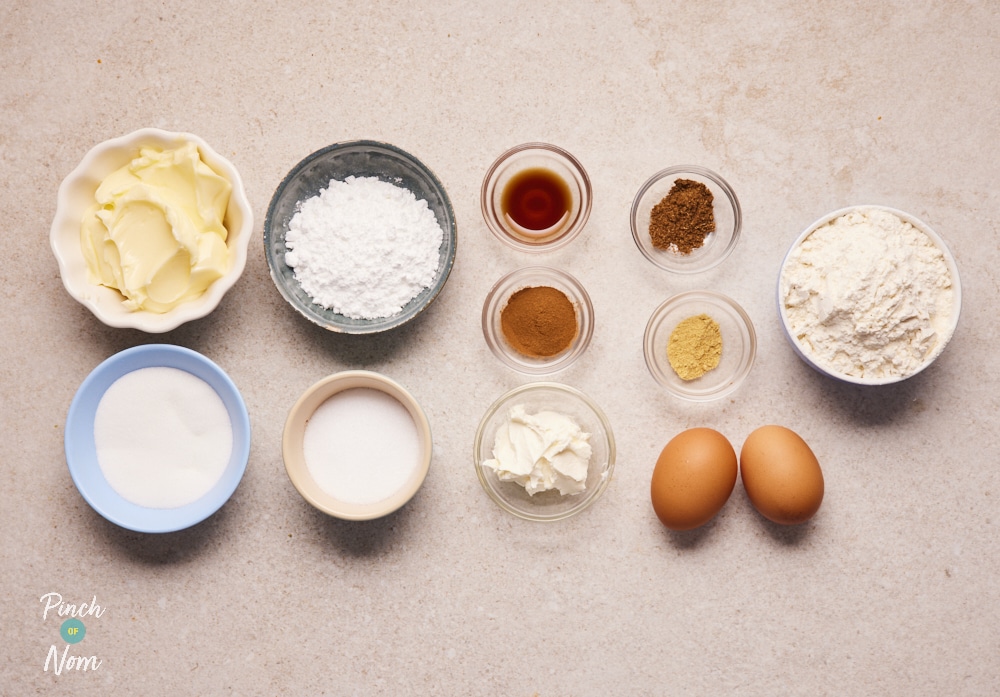 Pumpkin Spice Cupcakes ingredients laid out on counter.